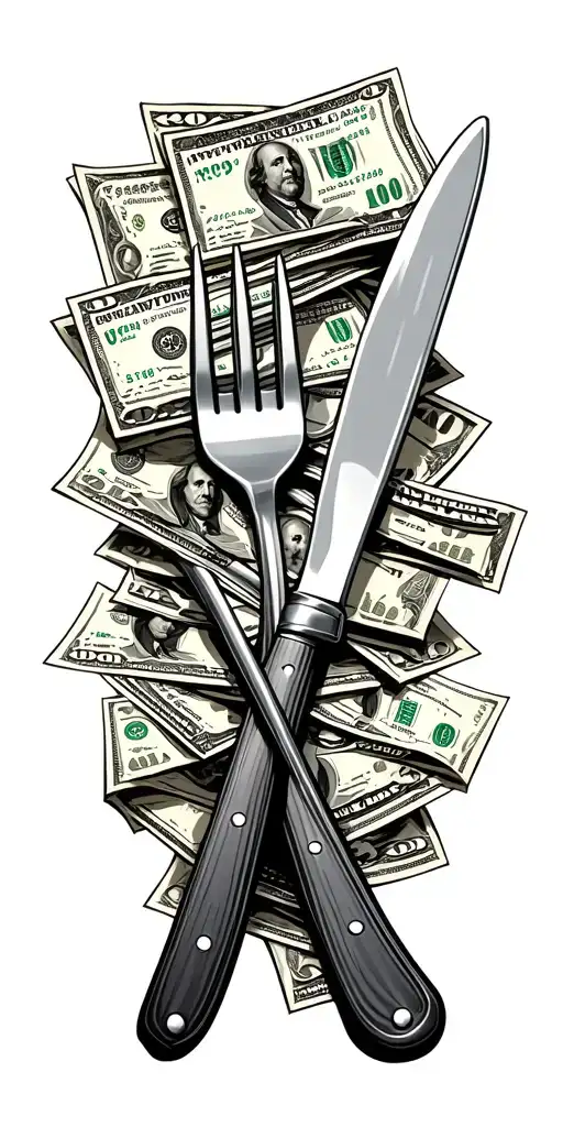 A BBQ fork and knife crossed over a pile of money, symbolizing the client's dedication to their occupation and love for wealth tattoo design idea
