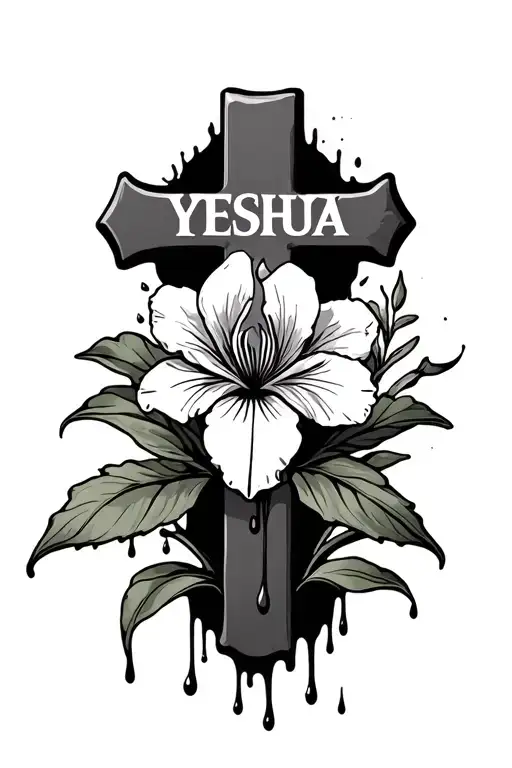 cross with blood dripping with an iris flower and the word yeshua  tattoo design idea