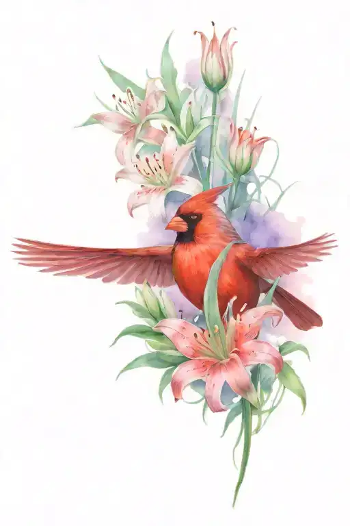 red cardinal and spider lilies tattoo design idea