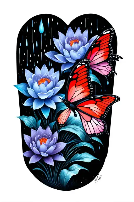 Red butterflies with blue and purple lotus flowers and rain tattoo on arm tattoo design idea
