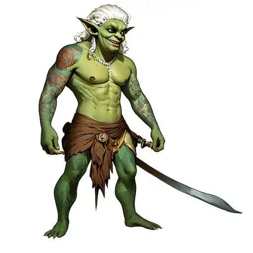 a goblin with a loin cloth that has a wig on like a pinup style. it's a woman's wig but it's a male globlin tattoo design idea