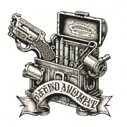 A tattoo of a mechanic's toolbox with a banner that reads 'Defend the 2nd amendment', reflecting a strong belief in gun rights and a passion for fixing things tattoo design idea