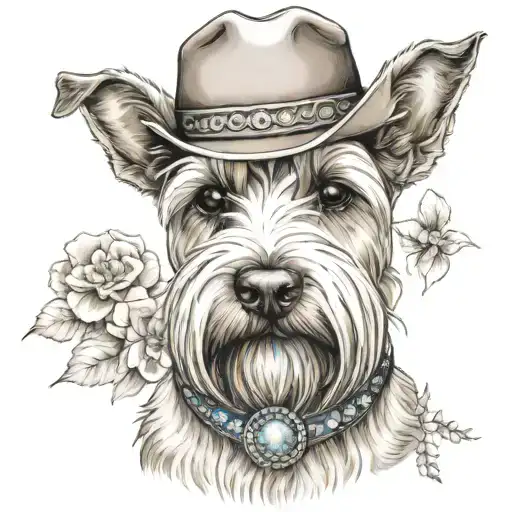 wheaten schnauzer with cowgirl hat and brown eyes and a collar with flowers looking to the side with western background tattoo design idea
