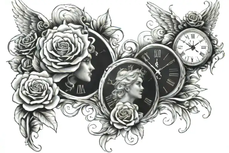 two clocks with roses and an angel by its side profile tattoo design idea