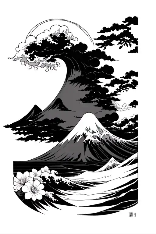 anime wave and mont fuji and Sakura flower and anime cloud tattoo design idea