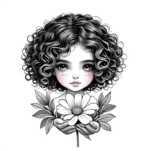 cute curly girl with a small flower in her hands tattoo design idea