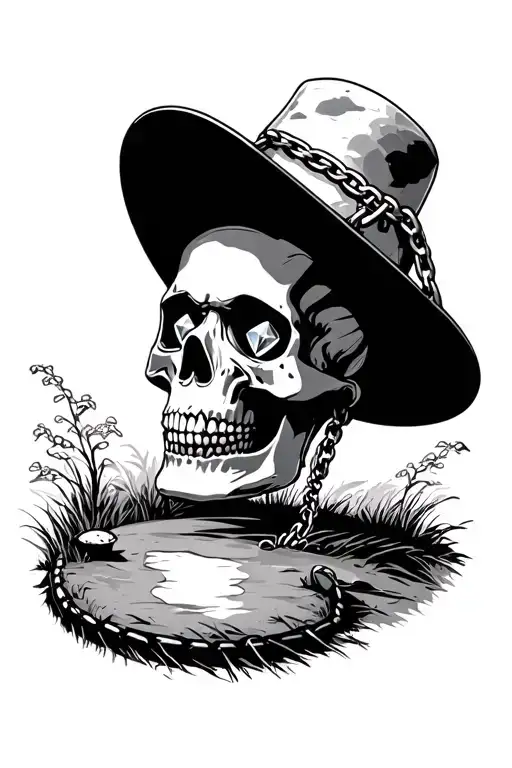 skull with diamond eyes and chains disc golf course landscape nature tattoo design idea