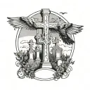 cemetery with three crosses in the middle, a cross on it with a raven with outstretched wings tattoo design idea