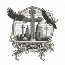 cemetery with three crosses in the middle, a cross on it with a raven with outstretched wings tattoo design idea