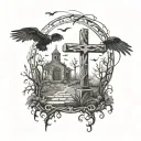 cemetery with three crosses in the middle, a cross on it with a raven with outstretched wings tattoo design idea