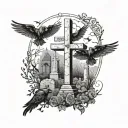 cemetery with three crosses in the middle, a cross on it with a raven with outstretched wings tattoo design idea