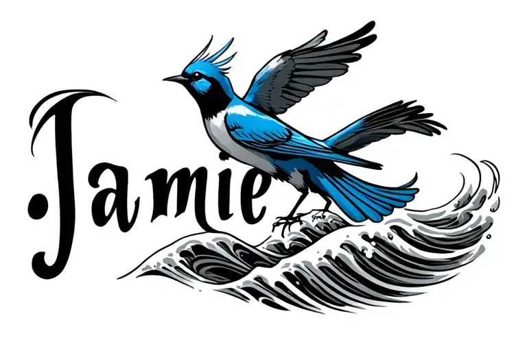the name Jamie with a bluebird and a wave forming  tattoo design idea