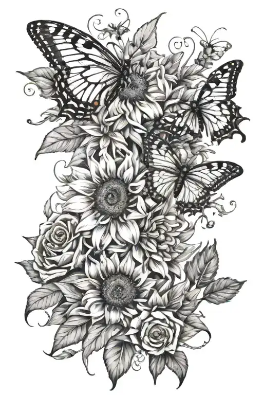 sunflower, dandelion, rose, tulip, lily bouquet with bee and butterfly, oxytocin molecule symbol, divine, vertical shape tattoo design idea