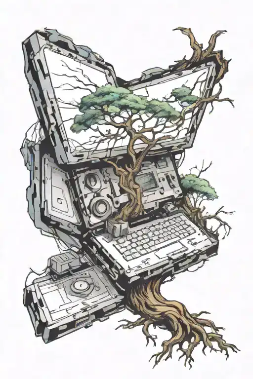 An abstract tattoo representing the absurdity of life with a tree growing from a computer chip symbolizing cycle of life tattoo design idea