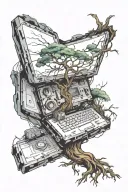 An abstract tattoo representing the absurdity of life with a tree growing from a computer chip symbolizing cycle of life tattoo design idea