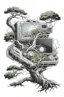 An abstract tattoo representing the absurdity of life with a tree growing from a computer chip symbolizing cycle of life tattoo design idea