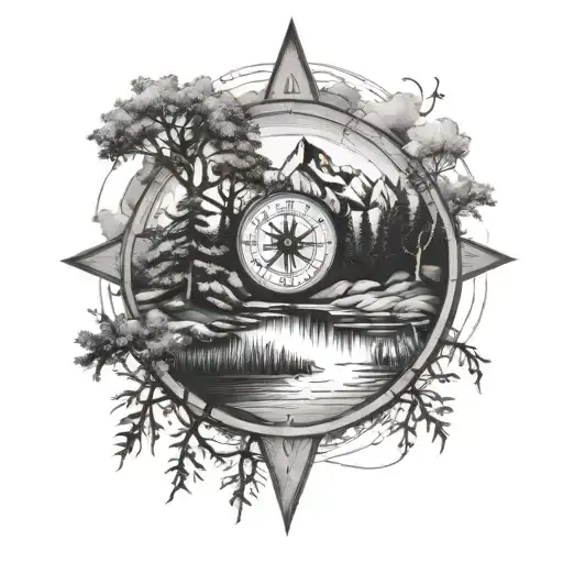 trees with lake and mountain with a compass and cross  tattoo design idea
