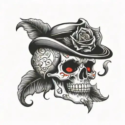 black and white skull and big red lips tattoo design idea