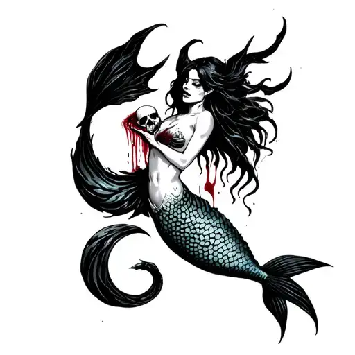 A evil deadly siren mermaid with tail fin and blood in her mouth and black claws and a skull in her hand tattoo design idea