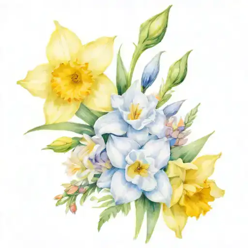 Two daffodils, one rose, and one aster. In an arrangement. With a butterfly on one of the daffodils  tattoo design idea
