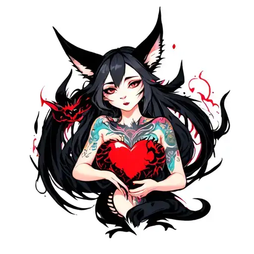 tattooed anime demon fox woman holding a shattered heart with a heart shaped black dragon surround tattoo design idea