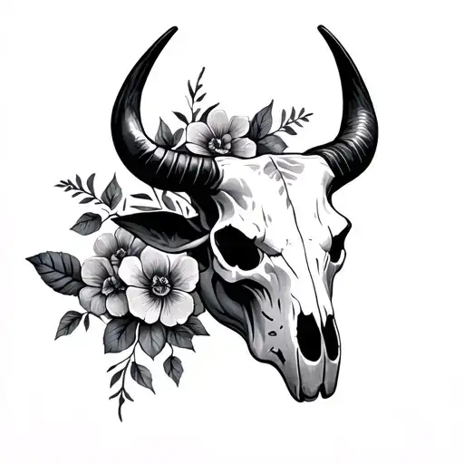 Taurus bull skull flowers tattoo design idea