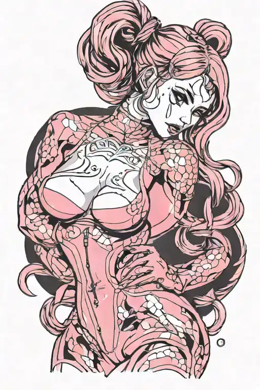 Petite Sexy Girl, huge butt, big boobs, pink skin tight latex jumpsuit, pink eyes, pink really long pigtails, young teen tattoo design idea