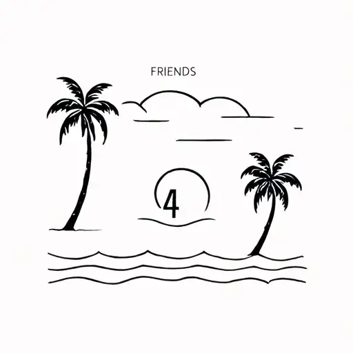 four friends—simple wave, palm tree, or sunset with a subtle "4" element tattoo design idea