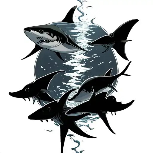 sharks and stingrays swiming upwards your leg tattoo design idea