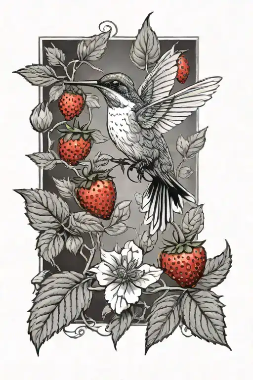 humming bird hovering over strawberry bush tattoo design idea