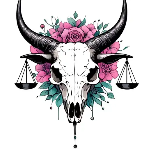 feminine taurus bull skull with Libra scales tattoo design idea