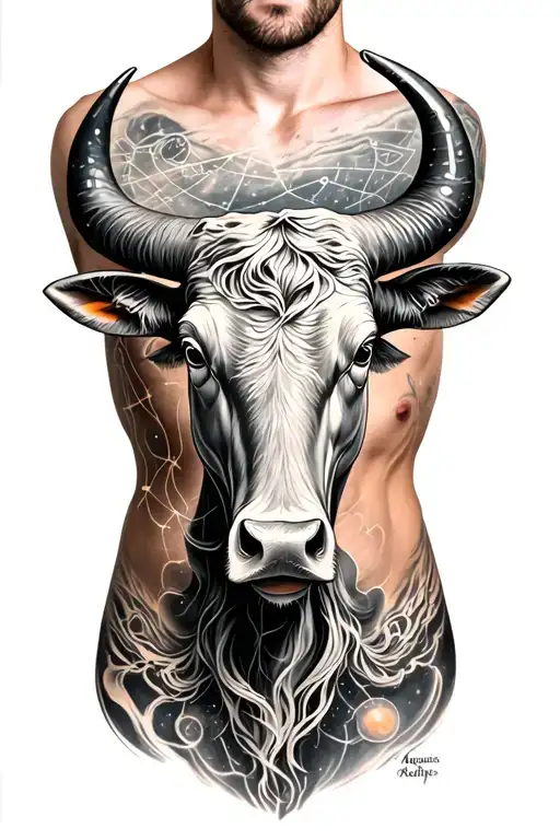 a man's torso with a bull's head and around it the constellation of Cancer and Aquarius tattoo design idea