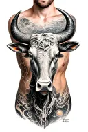 a man's torso with a bull's head and around it the constellation of Cancer and Aquarius tattoo design idea