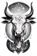 a man's torso with a bull's head and around it the constellation of Cancer and Aquarius tattoo design idea