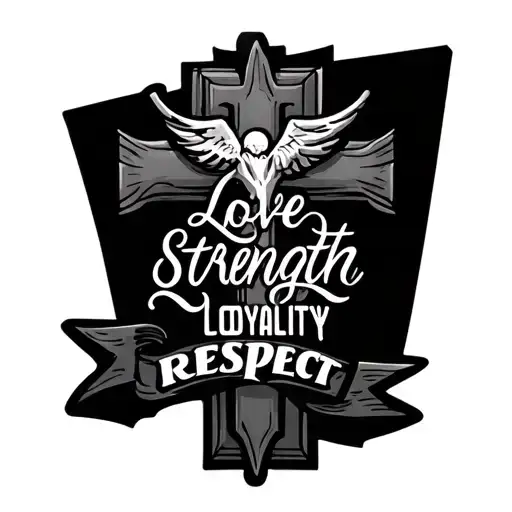 "love strength loyalty respect" banner around a cross tattoo design idea