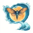 A moth flying under a full moon in a serene ocean setting tattoo design idea