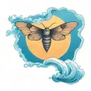 A moth flying under a full moon in a serene ocean setting tattoo design idea