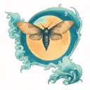 A moth flying under a full moon in a serene ocean setting tattoo design idea