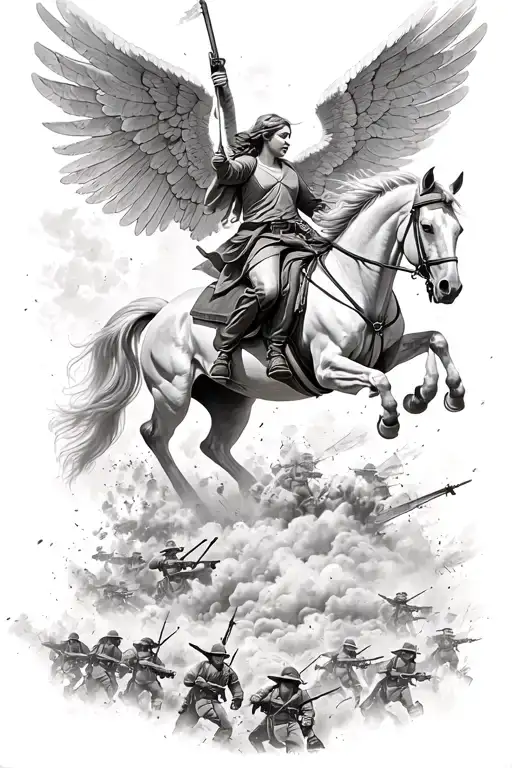 angel ride horse galloping through the war scene tattoo design idea