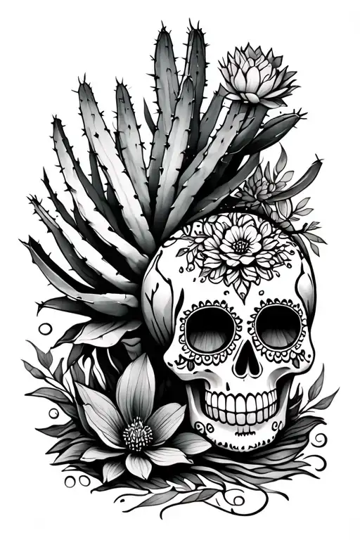 A fine-line tattoo of a cactus and agave plant with a day of the dead style sugar skull incorporated into the base tattoo design idea
