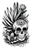 A fine-line tattoo of a cactus and agave plant with a day of the dead style sugar skull incorporated into the base tattoo design idea