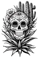 A fine-line tattoo of a cactus and agave plant with a day of the dead style sugar skull incorporated into the base tattoo design idea