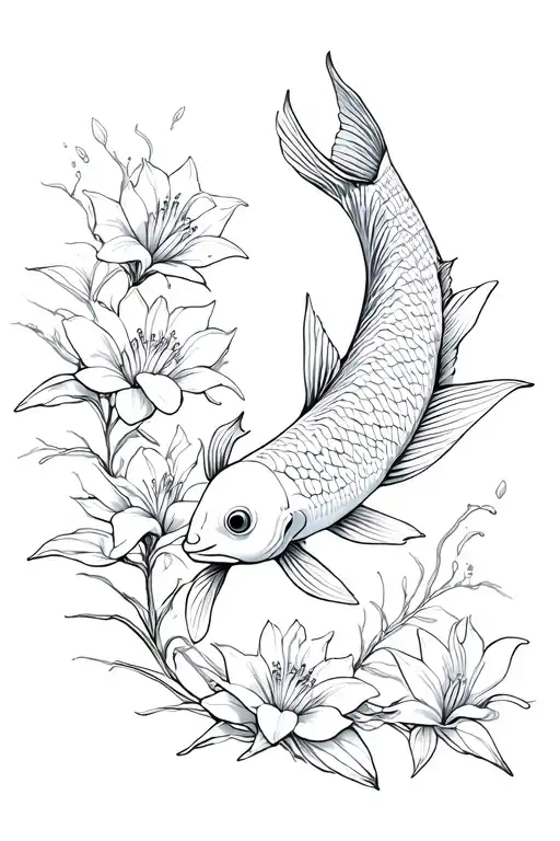 coy fish swimming through flowly lilys vines growing tattoo design idea