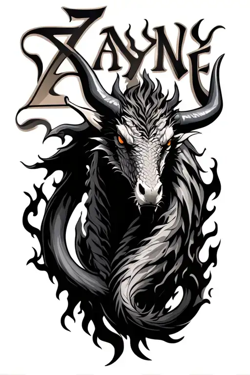 taurus theme dragon flames sons name Zayne tattoo design idea