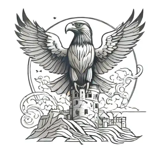 rook stylized as a tattoo, journey to the castle, with a eagle watching over small eagle  tattoo design idea