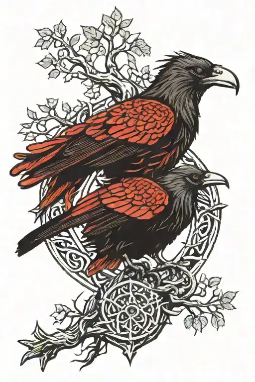 huginn and muninn with Yggdrasil tree tattoo design idea