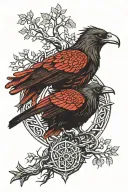 huginn and muninn with Yggdrasil tree tattoo design idea