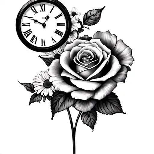 2 clocks and roses and daisies tattoo design idea