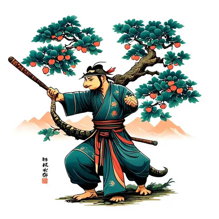 tortoise kind kung fu master with staff at peach tree scene in mountain pass tattoo design idea