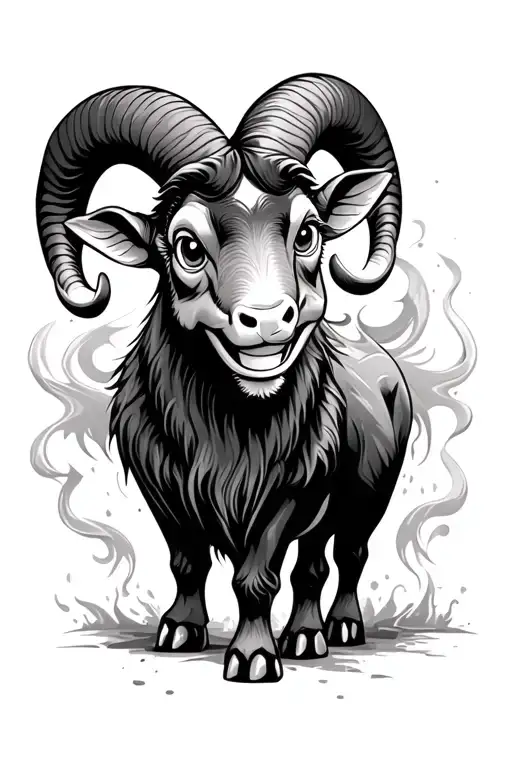 Ram with big friendly eyes, smiling, smokey background, mean mouth tattoo design idea
